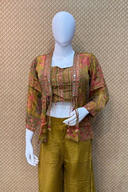 Olive Green Printed Indo Western Plazo Set with Mirror Work Jacket – LC998
