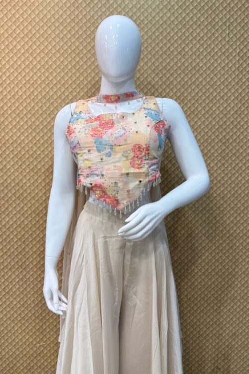 Pastel Floral Indo Western Plazo Set with Embellished Crop Top – GF10154