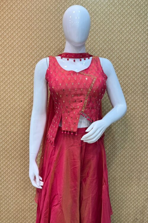 Rani Pink Asymmetrical Indo Western Plazo Set with Mirror Work – GF10304