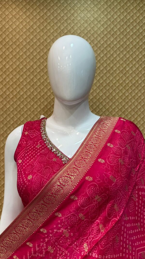 Rani Pink Bandhej Straight Cut Punjabi Suit with Embellished Neckline – Design No: GF2705 - Image 3