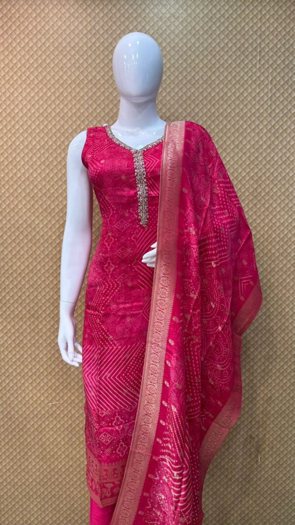 Rani Pink Bandhej Straight Cut Punjabi Suit with Embellished Neckline – Design No: GF2705