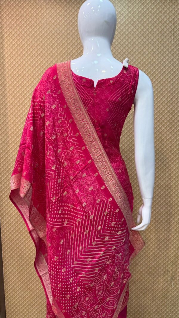 Rani Pink Bandhej Straight Cut Punjabi Suit with Embellished Neckline – Design No: GF2705 - Image 6