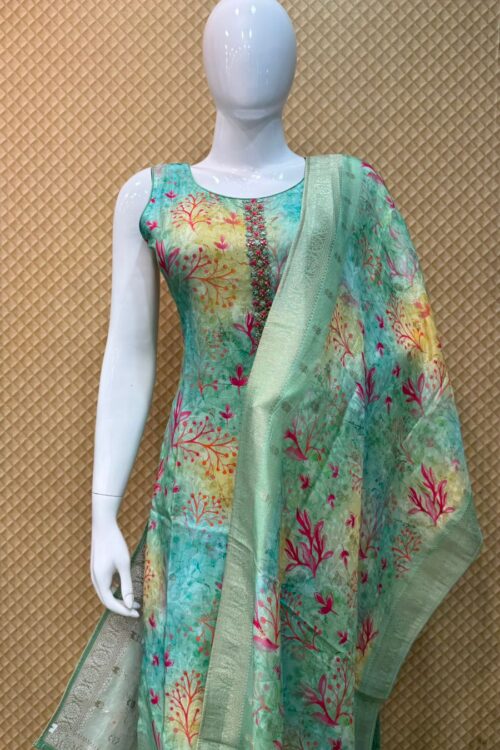 Pastel Green Straight Cut Punjabi Suit with Embroidered Neckline – Design No: GF7364