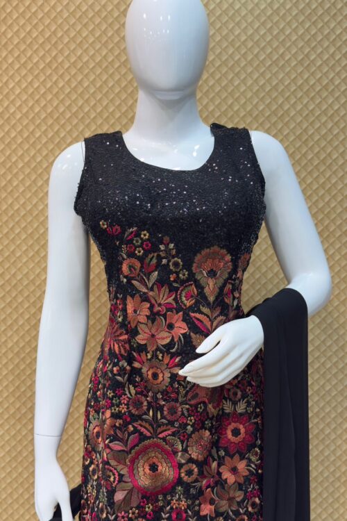 Elegant Black Indo-Western Plazo Set with Heavy Embroidered Floral Detailing – Design No: OM32102