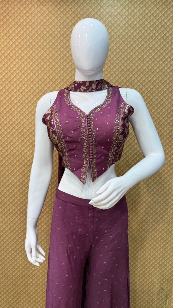 Plum Purple Embroidered Indo-Western Plazo Set – Design No: RC8351D - Image 3