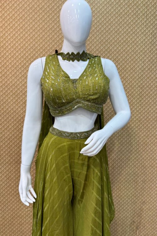 Olive Green Sequined Indo Western Plazo Set with Choker – OM42136