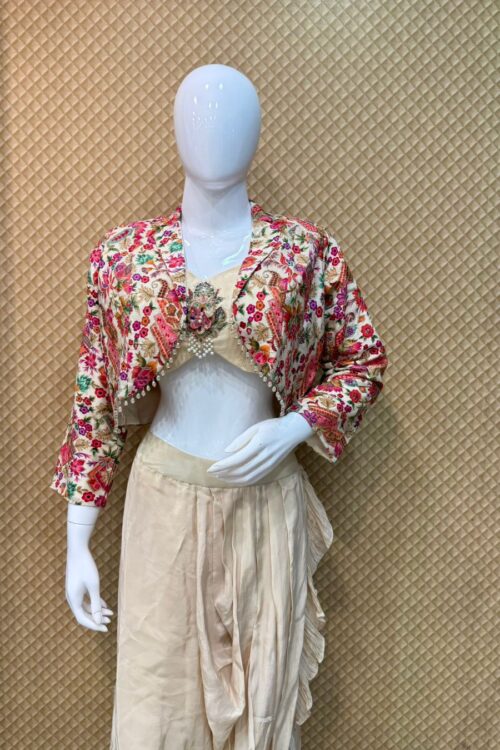 Beige Draped Indo Western Plazo Set with Embroidered Jacket – SC1401