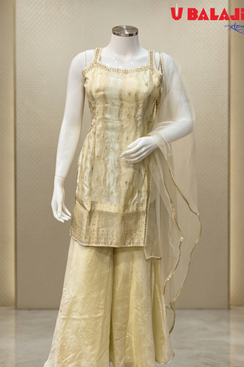 Elegant Gold Embroidered Kurta Palazzo Set with Sheer Dupatta for Women D.NO. OM21210